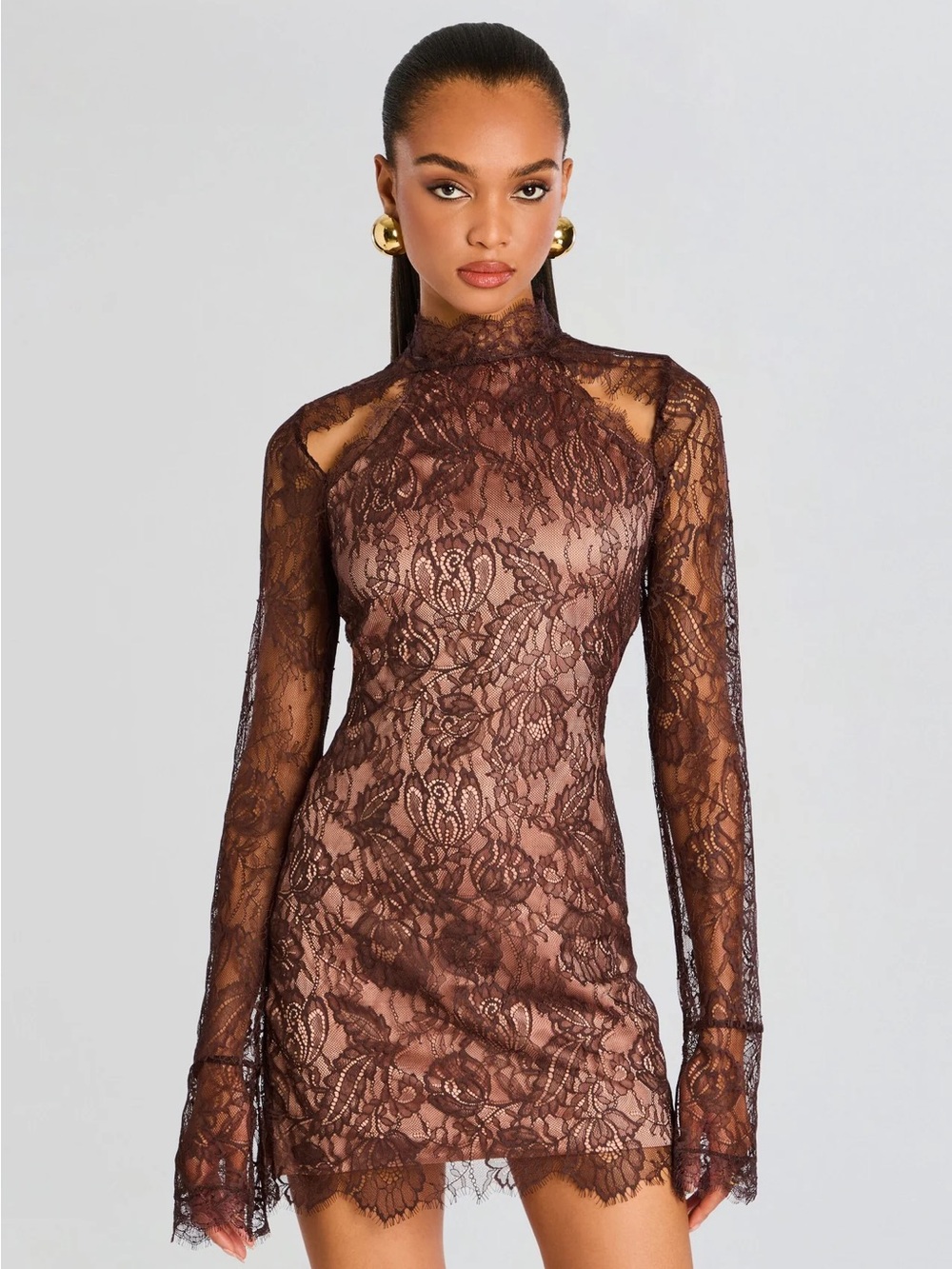 Retrofete Brown Lace Long-Sleeve Mini Dress
